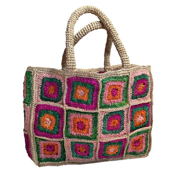 MANEBI Small Sunset Raffia Top Handle Bag Tax Mix Color Patchwork Beach - Picture 1 of 13